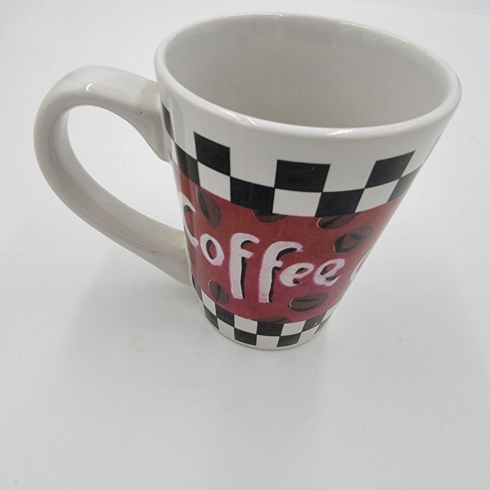 Fine Ceramics "Coffee" Black and Red Checker Mug 4.5"x4" Cottagecore Retro Cafe